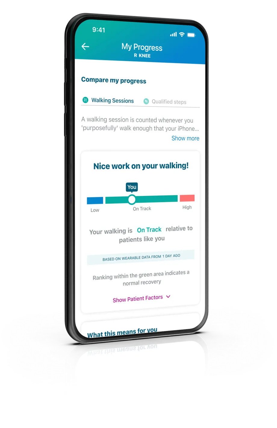 The mymobility app showing a patient's walking progress compared with similar patients